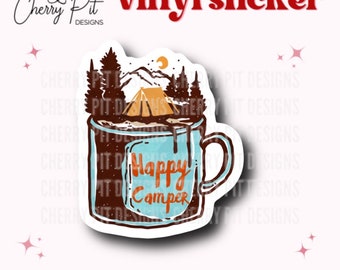 Happy Camper Mug Vinyl Sticker, Camp Life Decal, Gift for Camper, Laptop Sticker, Outdoorsy, Camp Vinyl Decal