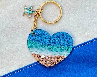 Porte-clé coeur d'océan, porte-clé de plage, coquillages de plage, porte-clé en résine acrylique, cadeau pour amoureux de la plage, amoureux de l'océan, porte-clé d'été, cadeau de vacances