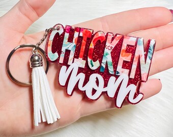 Acrylic Chicken Mom Keychain, Chicken Mom Keyring, Floral Chicken Keychain, Gift for Chicken Lover, Chicken Mama, Farm Life