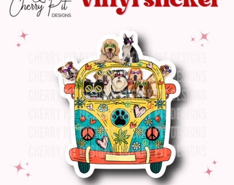 Sticker vinyle chien hippie, hippie van, amateur de marijuana, sticker Peace Van, sticker hippie, cadeau pour amoureux des chiens, Peace Love, sticker MacBook, ordinateur portable