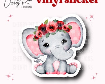 Cute Floral Elephant Vinyl Sticker, Baby Elephant Decal, Elephant MacBook Sticker, Flower Crown Elephant, Gift for Elephant Lover