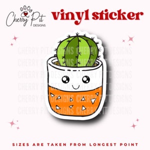 May include: A vinyl sticker of a cartoon cactus in a pot with a smiling face. The pot is orange and white with a geometric pattern. The cactus is green with spines.