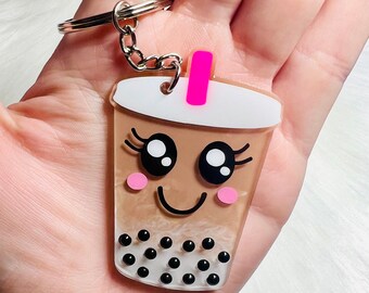 Boba Milk Tea Acrylic Keychain, Bubble Tea Keyring, Boba Tea Keychain, Bubble Tea Keychain, Kawaii Face, Gift for Boba Lover, Tea Lover