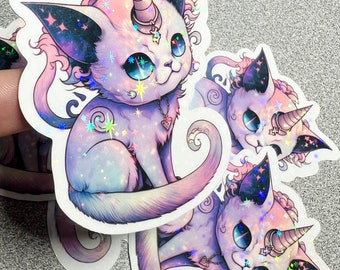 Demon Caticorn Holographic Vinyl Sticker, Demon Kitty Sticker, Holographic Decal, Comicon Lover, MacBook Decal, Cat Lover, Mystical Creature
