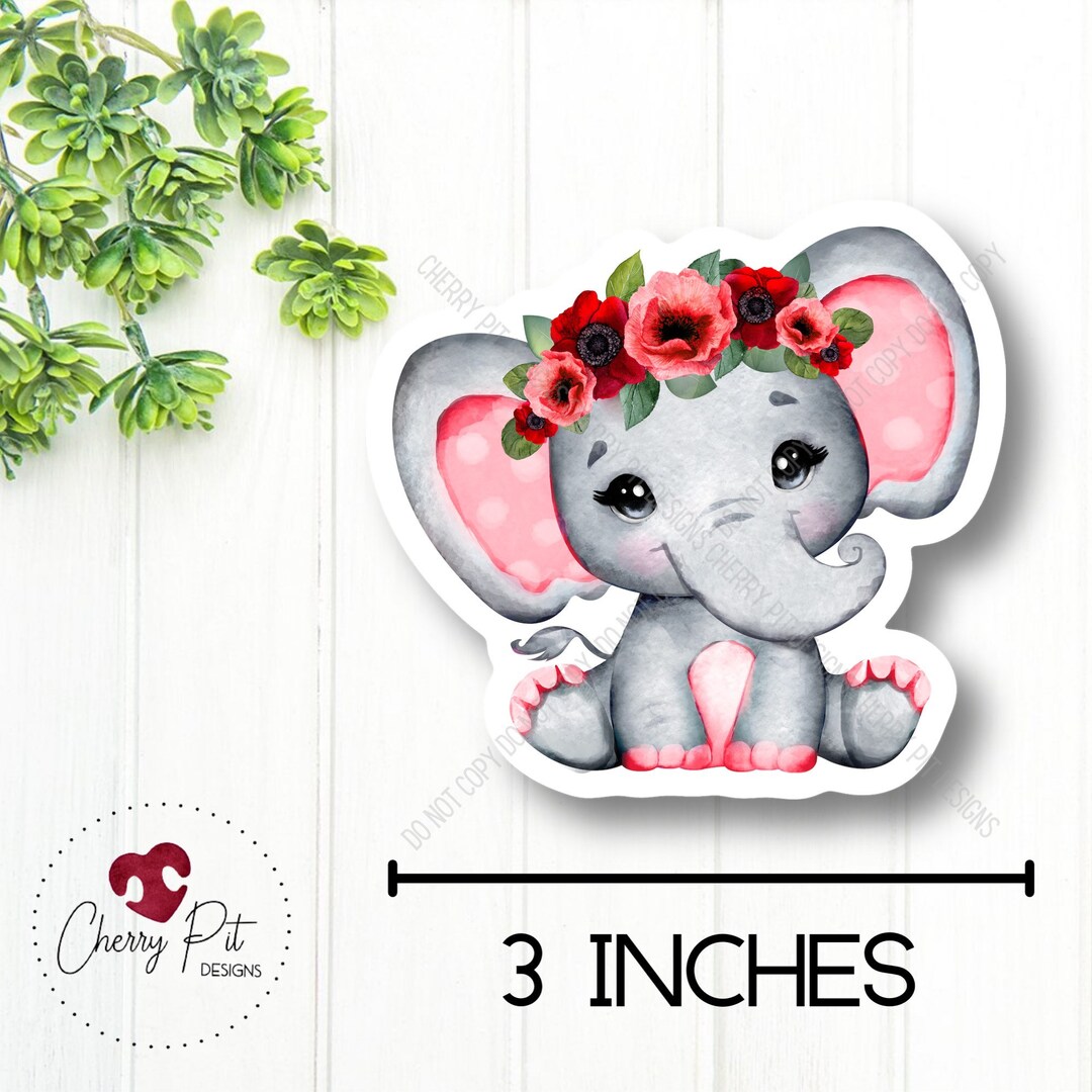 Cute Floral Elephant Vinyl Sticker, Baby Elephant Decal, Elephant