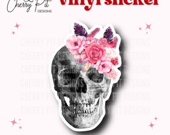 Floral Skull Vinyl Sticker, Skull Sticker, Flowers Skeleton Decal, Spooky Skeleton Sticker, Gift for Skull Lover, Gift for Crystal Lover