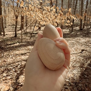 Puede incluir: Dos huevos de madera, uno ligeramente más grande que el otro, se sostienen en la mano de una persona. Los huevos son de color marrón claro y tienen un acabado liso y pulido.