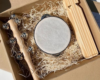 3-teiliges personalisiertes Spielzeuginstrumenten-Set für Babys, Musikinstrumente, Kleinkinder, hölzerne Montessori-Instrumente, Babytrommel, Tamburin, Zugpfeife