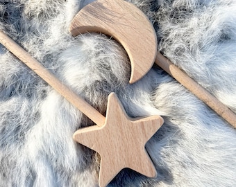 Personalised Wooden Girl Wand Moon & Star Wand Fairy Wand for Toddler Keepsake Kids Party bag favour Girls Fairy Costume Princess Wand