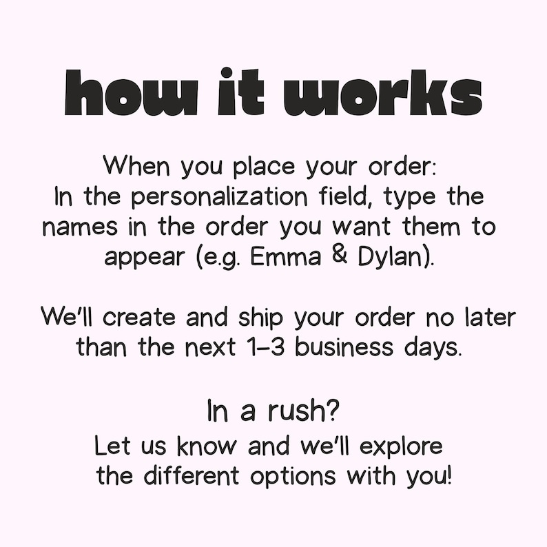 May include: Image with the text "how it works". Instructions explain how to personalize an order, including typing names in the order desired. Orders ship within 1-3 business days. Contact for rush options.