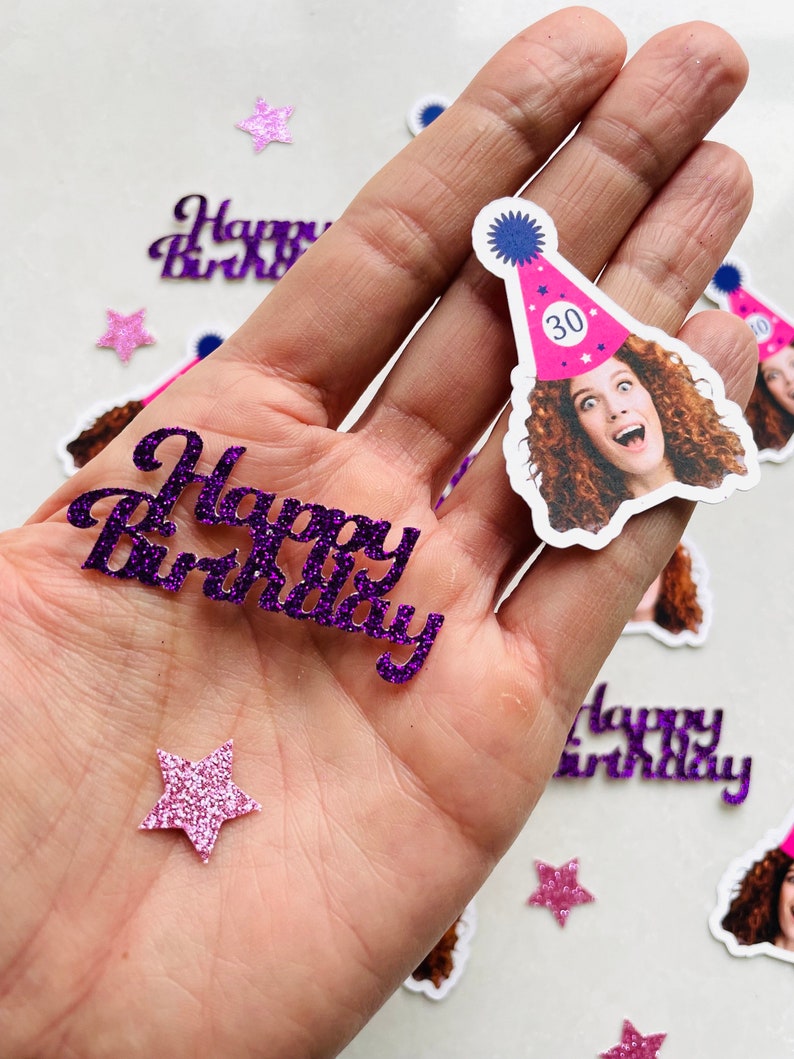 Birthday Face Confetti, Custom Birthday Decoration, Birthday Hat, Personalized Face Cutout, Fun Party Decor, 30, 40, 50, 60, Cupcake Topper image 5