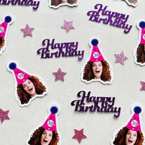 Birthday Face Confetti, Custom Birthday Decoration, Birthday Hat, Personalized Face Cutout, Fun Party Decor, 30, 40, 50, 60, Cupcake Topper image 2