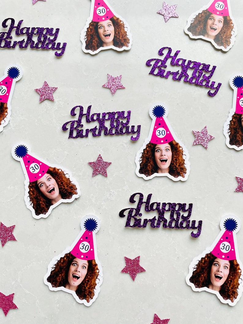 Birthday Face Confetti, Custom Birthday Decoration, Birthday Hat, Personalized Face Cutout, Fun Party Decor, 30, 40, 50, 60, Cupcake Topper image 2