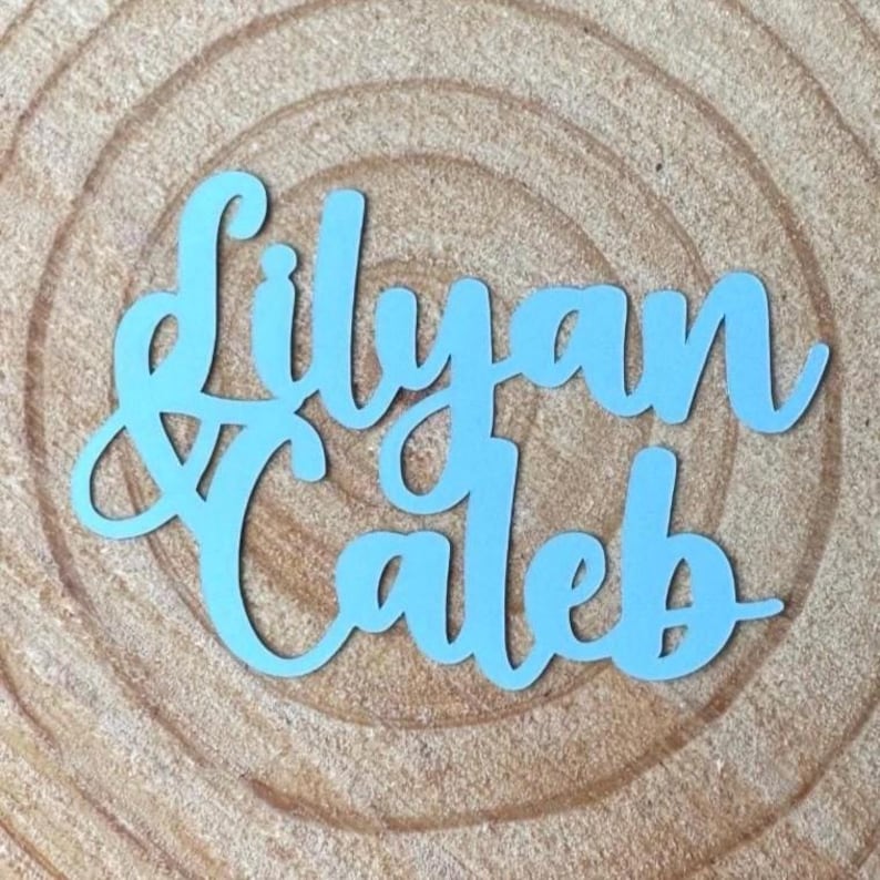 May include: A light blue, laser-cut wooden sign with the names "Lilyan & Caleb" in a cursive font. The sign is placed on a wooden surface with visible wood grain.