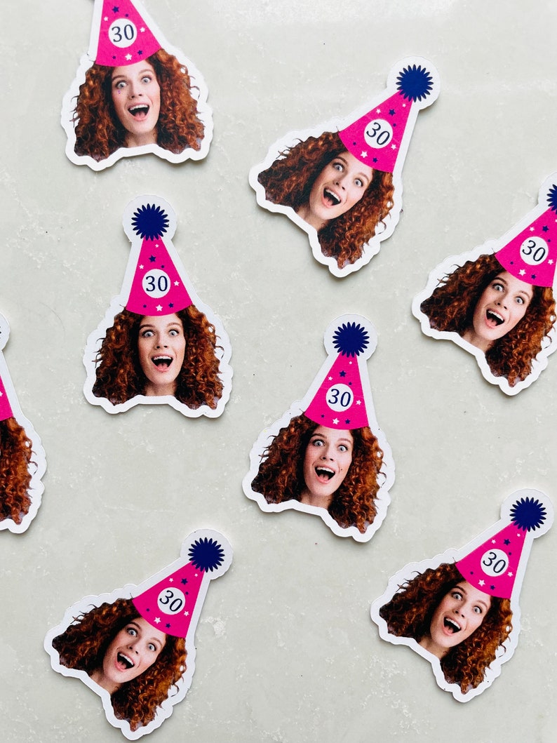 Birthday Face Confetti, Custom Birthday Decoration, Birthday Hat, Personalized Face Cutout, Fun Party Decor, 30, 40, 50, 60, Cupcake Topper image 1