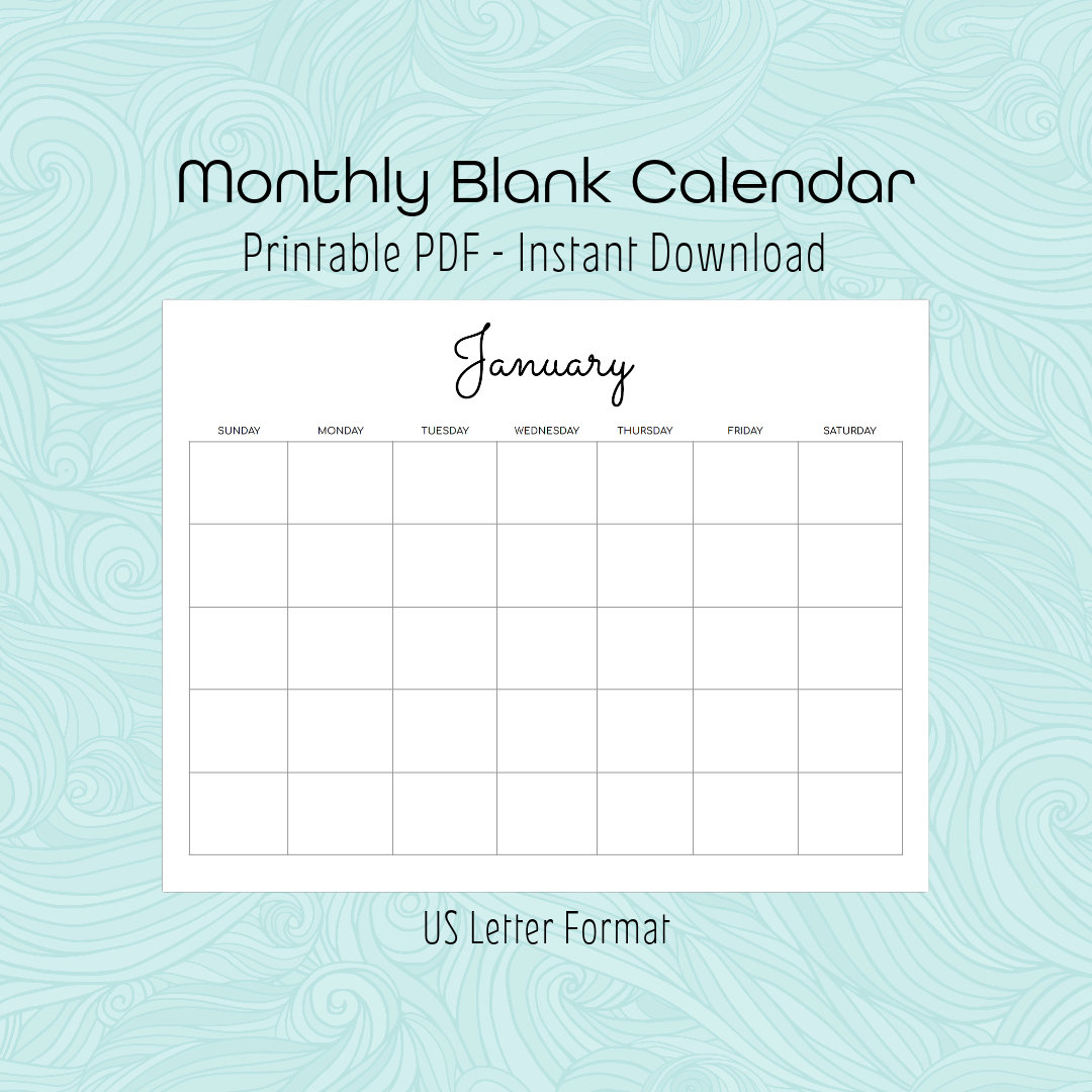 Printable Blank Monthly Calendar, Simple Horizontal Planner (digital ...