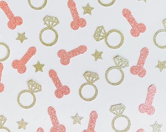 Confeti con purpurina para despedida de soltera, pene travieso y anillos esparcidos