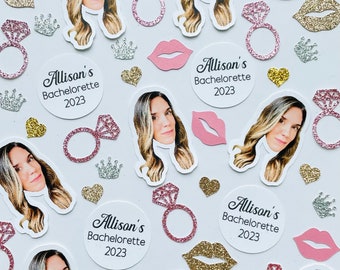Confeti con caras personalizadas, decoraciones para despedidas de soltera, recortes personalizados de la novia o el novio.