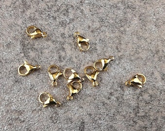 Mosquetón de 12 mm de oro fabricado en acero inoxidable - 5 piezas - chapado en oro de 24k - 12x7x3,5 mm - tamaño del agujero 1,5 mm - cierre de cadena - cierre de joyería