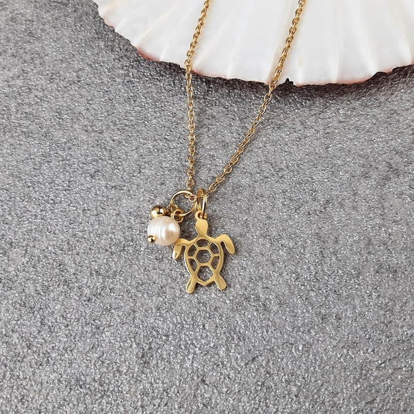 Perle d'eau douce et tortue - Collier en or avec pendentif - Acier inoxydable plaqué or 18 carats - Convient aux breloques - Hypoallergénique