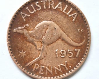 Moneda de un penique australiana de 1957 con un gran canguro - Reina Isabel II