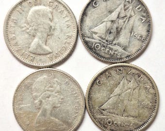 1950s-60s Queen Elizabeth II, Canada 4 Silver ten cent coin bundle in circulated condition