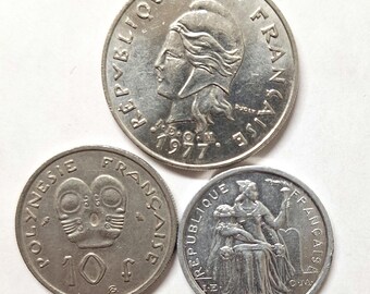 Pacote com 3 moedas da Polinésia Francesa - Coleção de Moedas Mundiais