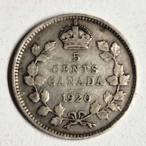 1920 Canadian Sterling Silver Five Cent Coin - King George V