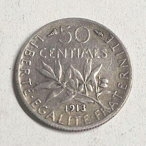 1913 French high purity silver, 50 centimes coin in excellent condition! The coin you see is the coins you get!