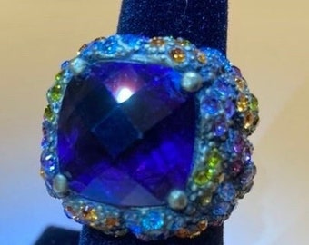 Heidi Daus Cocktail Ring Huge Purple Crystal and Smaller Colored Crystals