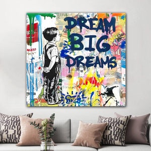 Banksy Artwork, Banksy Wall Art, Dream Big Graffiti, Office Decor, Living Room Wall Art, Graffiti Boy Poster, Banksy Glass Wall Art