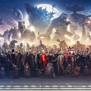 Blockbuster Fine Art Panorama Canvas Print, 150 Movie Blockbuster Characters Panorama, Movie pano on canvas, Eye Catcher Movie Fan Gift