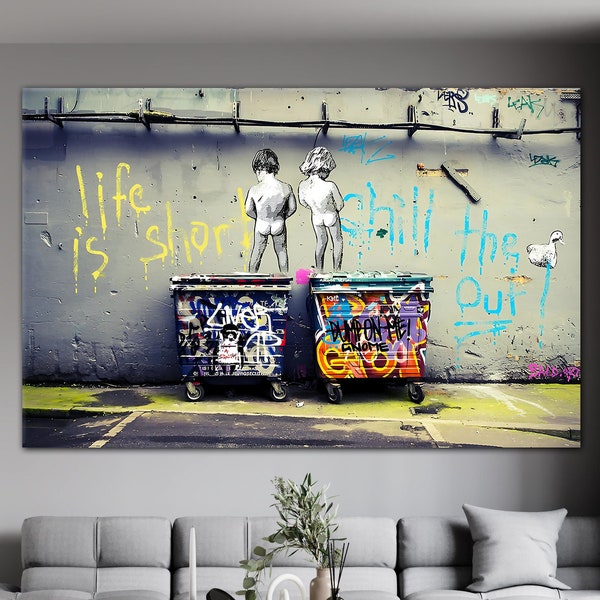 Banksy Life Is Short, Banksy Canvas, Banksy Two Boys, Wall Art Canvas, Street Art Print, Graffiti Painting, Urban Art, Graffiti Wall Decor