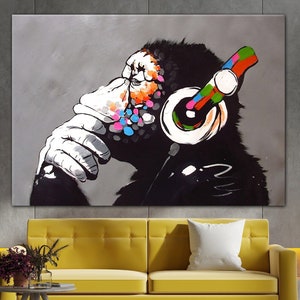 Banksy Wall Art, Banksy DJ Monkey, Banksy Canvas, Gorilla Chimp Canvas Wall Art, Banksy Thinking Monkey, Street Graffiti Art, Ready To Hang