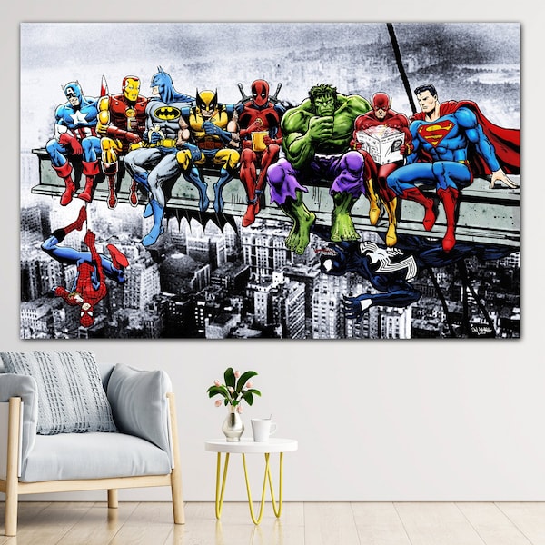 Poster Marvel, Pranzo dei supereroi Marvel e DC in cima a un grattacielo, tela grande, regalo personalizzato, regalo per lui, arte della parete su tela, supereroe