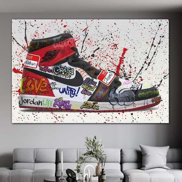 Jordan Graffiti Canvas Wall Art, Air Jordan Canvas Wall Art, Jordan 1 Graffiti Canvas, Modern Graffiti Canvas, Kids Room Decor,Ready To Hang