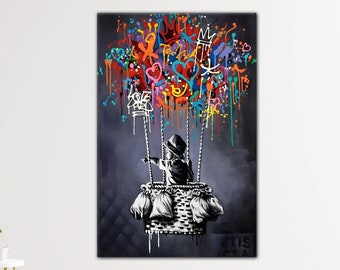 Banksy jongen vliegen met ballon canvas, Banksy glas kunst aan de muur, Banksy ballon canvas, ballon poster, Wall Art canvas, klaar om op te hangen