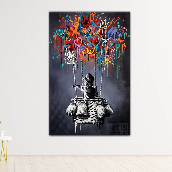 Banksy jongen vliegen met ballon canvas, Banksy glas kunst aan de muur, Banksy ballon canvas, ballon poster, Wall Art canvas, klaar om op te hangen