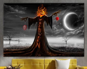 Halloween Wall Art, Pumpkin Wall Art Halloween Decor Gothic Art Dark Academia Jack O Lantern Oil Painting Canvas Wall Art Wall Decor