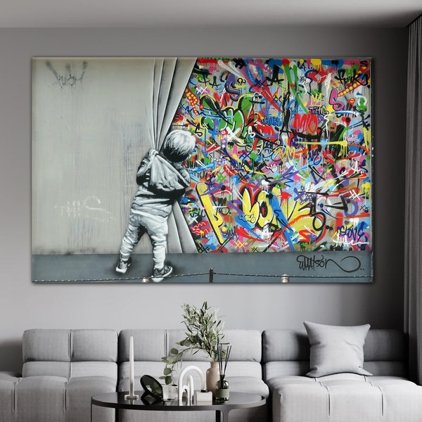 Behind the Curtain, Banksy Wall Art, Urban Style Canvas, Kids Graffiti Wall Art, Modern Street Art, Martin Watson Canvas, Large Wall Art