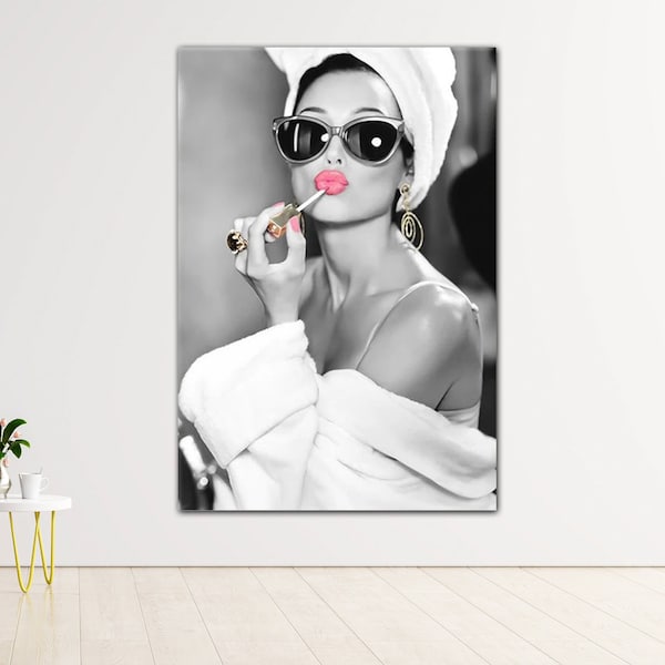 Audrey Hepburn Stil Kunst, Audrey Hepburn Make Up Leinwand Druck, Audrey Poster, Hepburn Pink Lippen, Pop Art Wohnkultur, Kultige Wand Kunst Leinwand