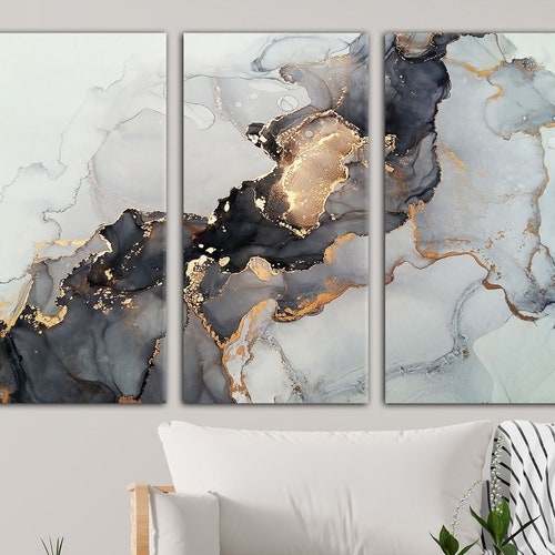 Grey Gold Marble Wall Decor Abstract Canvas Print Modern Wall Etsy