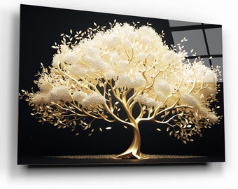 Tempered Glass Wall Art, Gold Tree Wall Decor, Home Decor, Tempered Glass Art,Nature Wall Art Gifts for her,Tree Wall Art,Glass Printing Art