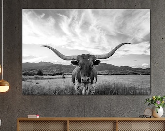 Longhorn Cow Canvas Wall Art, Texas longhorn art, Longhorn canvas print, Farmhouse decor Rustic wall art Longhorn wall decor, Ready To Hang
