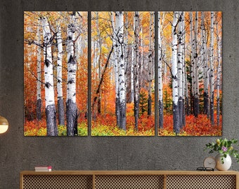Aspen Tree Canvas Wall Art, 3 Piece Autumn Forest Print, Ready To Hang