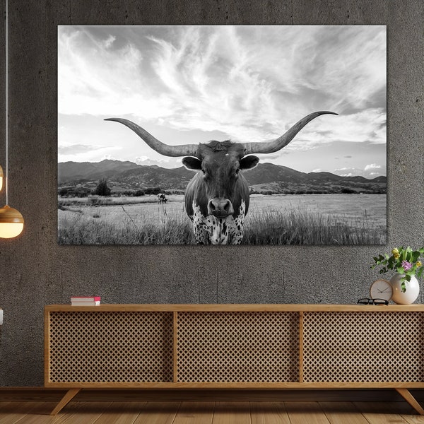 Longhorn Cow Canvas Wall Art, Texas longhorn art, Longhorn canvas print, Farmhouse decor Rustic wall art Longhorn wall decor, Ready To Hang