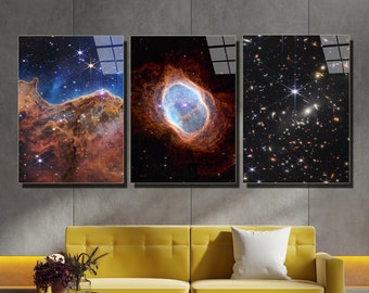Set di 3 tele/vetro della NASA Deep Field, prime immagini del telescopio spaziale James Webb, Nebulosa Carina, stampa artistica su tela di grandi dimensioni, arte della parete in vetro