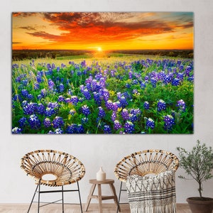 Texas Bluebonnet Canvas Wall Art, Texas Bluebonnet Field Multiple Sizes Canvas Sunset Wall Decor Flowers Art for Living Room, Ready To Hang