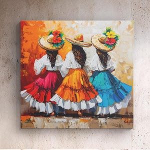 Colombian Women Canvas Wall Art, Vibrant Latin Dance Painting, Colorful Ethnic Wall Decor, South American Cultural Artwork, Ready To Hang