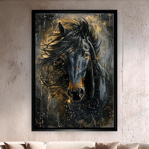 Horse Canvas Wall Art, Black Horse Painting on Canvas, Large Rustic Western Animal Art, Gift for Horse Lovers, Dark Equestrian Decor